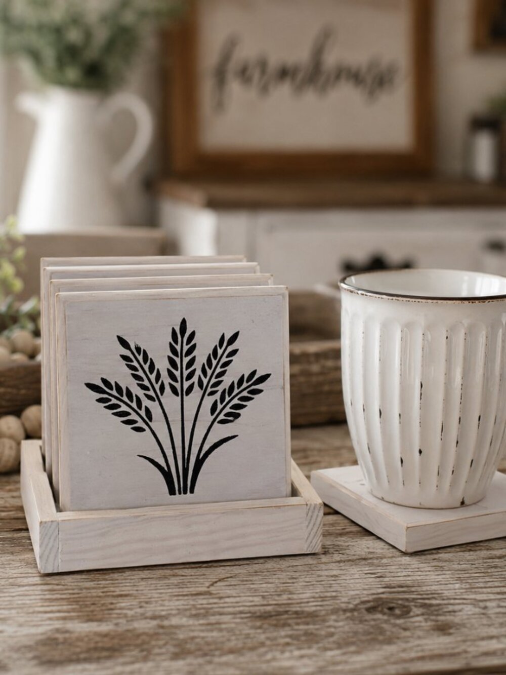 Set of 4 Farmhouse Rustic Wooden Coasters with Holder - 4.5" Bless This Home
